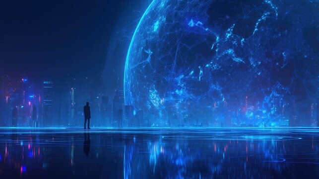 Businessman standing before digital Earth hologram with global network connectivity on blue background, representing futuristic AI technology concepts for business innovation and data visualization in