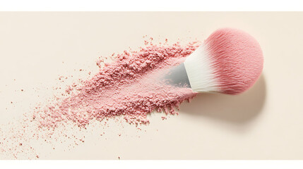 Blush brush rolled through soft dusty pigment, powder line trailing across a pastel beige backdrop, captured in sharp detail with visible bristle texture,