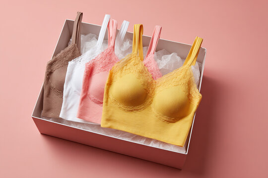 Colorful comfort: A box of four cotton-blend bralettes with lace trim on a pink background. Simple, stylish, and ready for everyday wear.
