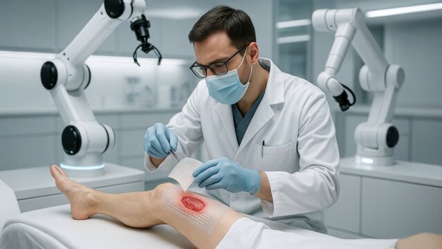 Caucasian male doctor applying synthetic skin graft to wounded leg using precision tools in futuristic lab. Concept of wound healing, biotechnology, and advanced medical robotics - Powered by Adobe
