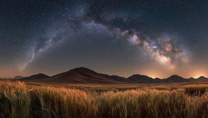 Milky Way over a golden field and mountains