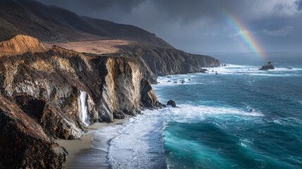 Stunning Coastal Cliffs, Waterfall, and Rainbow: Pacific Ocean Landscape Photography