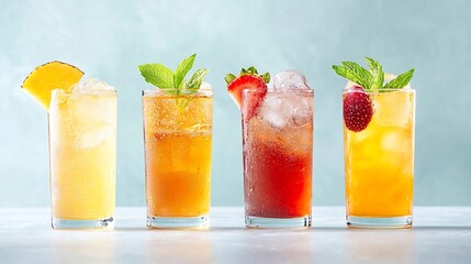 Four refreshing tall cocktails with fruit garnishes and mint leaves
