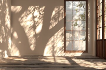 Naklejka premium Sunlight streams through a window, casting shadows on a light beige wall in a minimalist room