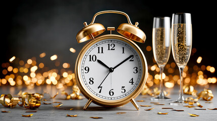 Golden alarm clock with champagne flutes and festive decorations, symbolizing celebration and countdown to midnight, creating a joyful atmosphere for New Year's Eve festivities
