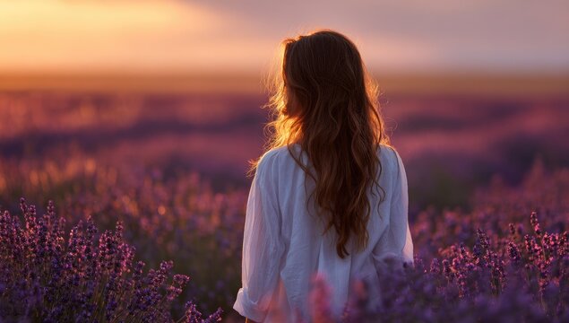 Woman in a lavender field at sunset
