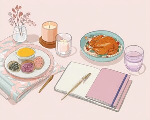 Cozy Thanksgiving Dinner for One with Journal, Candles, and Roasted Turkey Illustration