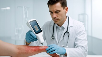 Caucasian male doctor using handheld device to apply digital skin graft to severe forearm burn. Concept of futuristic healing technology, skin regeneration, and smart medical devices