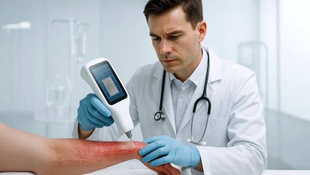 Caucasian male doctor using handheld device to apply digital skin graft to severe forearm burn. Concept of futuristic healing technology, skin regeneration, and smart medical devices