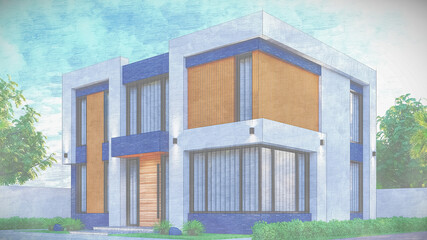 3D illustration of an elegant two-story villa