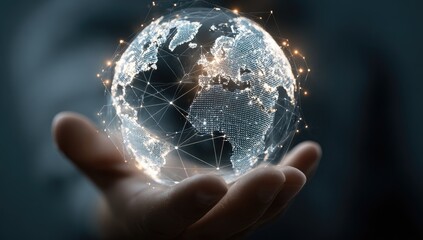 A hand holding a digital representation of Earth