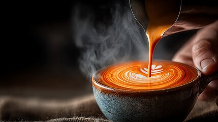Pouring Artful Latte: Barista Crafting Floral Pattern on Steaming Coffee in Ceramic Mug - Perfect Coffee Shop Ambiance and Warmth Beverage Creation Culinary Art Espresso Drink