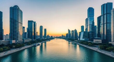 Obraz premium Panoramic View of Modern Skyscrapers Along a Tranquil River at Sunset with Reflections on Water in an Urban Landscape