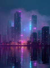 Obraz premium Neon-lit futuristic cityscape reflected in water