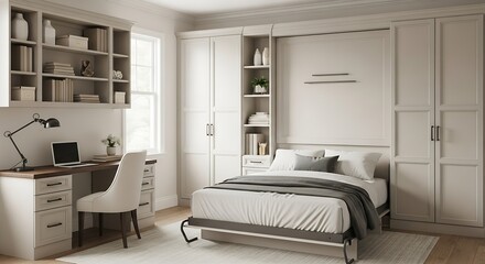 Photo of modern bedroom interior with desk, workspace, and minimalist design elements