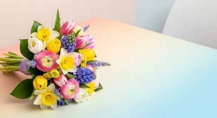 Obraz premium Beautiful spring bouquet featuring tulips, daffodils, ranunculus, and hyacinths arranged elegantly on a soft pastel background for floral inspiration