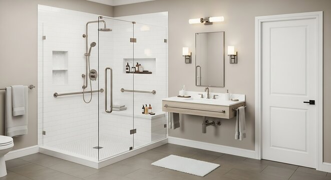 Photo of accessible bathroom featuring a walkin shower with safety grab bars and modern design