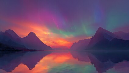 Fototapeta premium Vivid aurora borealis over a serene lake and mountains