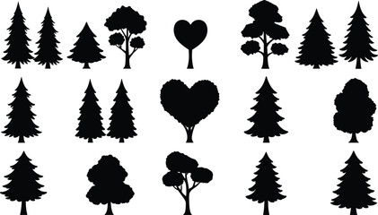 Variety of tree silhouettes, nature elements, forest shapes, botanical design, isolated vector, landscape art, decorative foliage