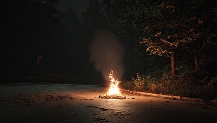 Night campfire in a misty forest