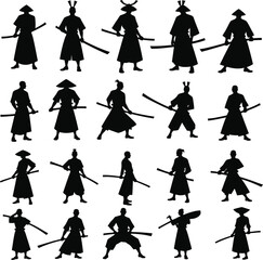 Samurai silhouettes diverse poses weaponry collection