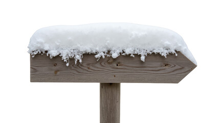 Snow covered wooden signpost with rustic appearance, showcasing thick layer of snow on top. scene evokes serene winter atmosphere