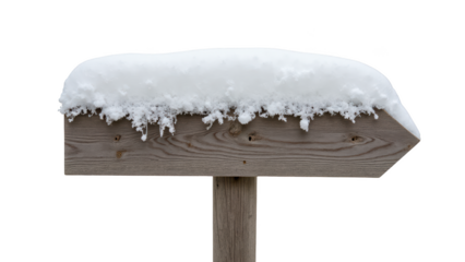 Snow covered wooden signpost with rustic appearance, showcasing thick layer of snow on top. scene evokes serene winter atmosphere