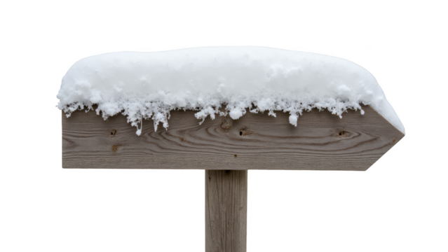 Snow covered wooden signpost with rustic appearance, showcasing thick layer of snow on top. scene evokes serene winter atmosphere