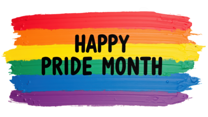 Happy Pride Month celebration with vibrant rainbow colors and bold text expressing joy and inclusivity