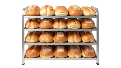 Freshly baked bread rolls displayed on metal rack, showcasing variety of textures and toppings, perfect for any bakery setting
