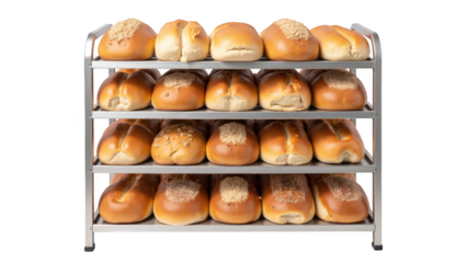 Freshly baked bread rolls displayed on metal rack, showcasing variety of textures and toppings, perfect for any bakery setting