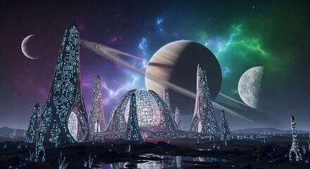 Futuristic Alien Cityscape in Space.