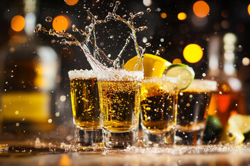 Splashing tequila shots with citrus garnish at lively bar Generative AI