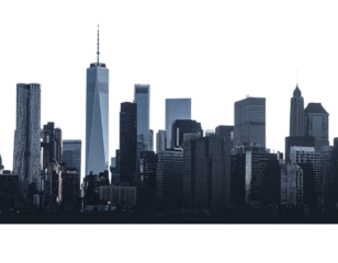 Angled Perspective City Skyline with Sunset Reflection, Isolated on Transparent Background