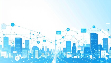 Fototapeta premium Cityscape connects with digital network in futuristic urban environment showing modern communication and technology advancements.