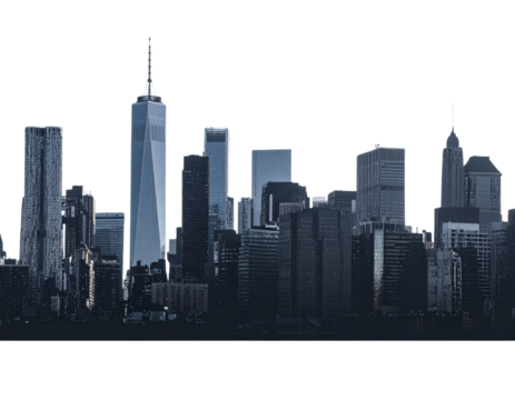 Angled Perspective City Skyline with Sunset Reflection, Isolated on Transparent Background