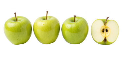 Fresh green apples, whole and sliced, showcasing vibrant color and juicy texture, perfect for healthy snacks or recipes