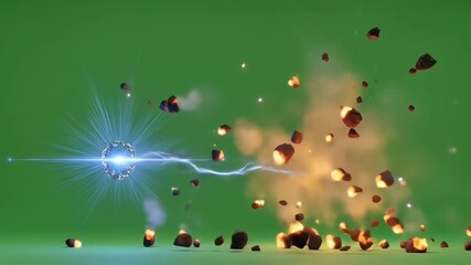 A powerful blue energy orb unleashes an electric lightning strike, creating a fiery explosion with flying debris on a green screen background. - Powered by Adobe