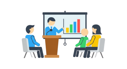 Business Presentation with Audience and Charts discussion meeting people analysis information design data illustration marketing education concept symbol