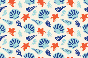 Marine Seamless pattern. Decorative nautical wallpaper with starfish, seashell, conch, scallop, oyster, mussel, spiral shell. Hand drawn doodle sea and Ocean elements. Mediterranean wallpaper. Vector