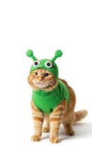 Naklejka premium cat dressed in a green alien costume, Funny extraterrestrial Halloween costume, white background