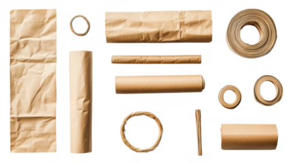 Arrangement of brown paper and rolls on an transparent background