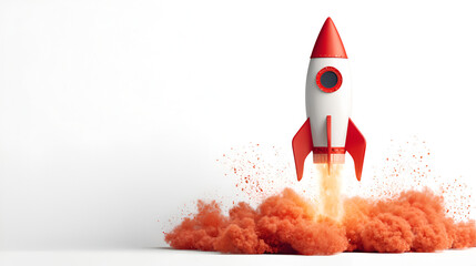 Red and white rocket launching with orange smoke explosion