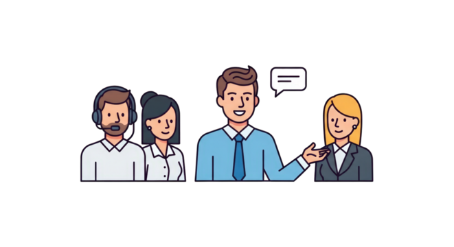 Business Team Discussing and Communicating Ideas leader meeting communication talking group design professionals flat teamwork art