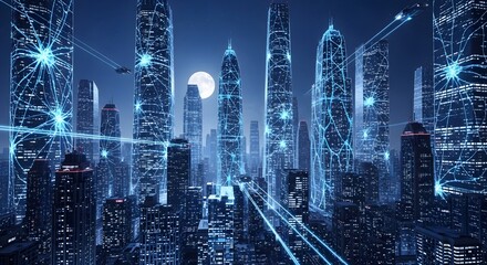 Futuristic Cityscape Networked Metropolis at Night.