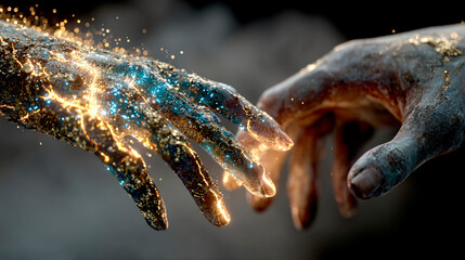 Hands Reaching Through Cosmic Energy
