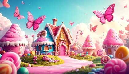 Whimsical candy house village with butterflies