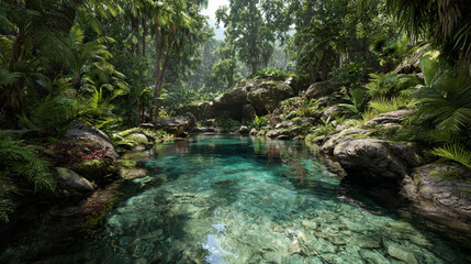Lush Tropical River Scene: Crystal Clear Water, Vibrant Green Foliage