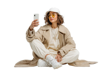 Cozy style girl portrait with her mobile phone and happy expression for on transparent background
