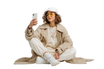 Cozy style girl portrait with her mobile phone and happy expression for on transparent background